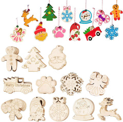 Collection of wooden Christmas ornaments on a white background