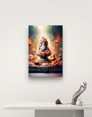 Decorative wall art of a religious statue with flowers and candles on a white wall.