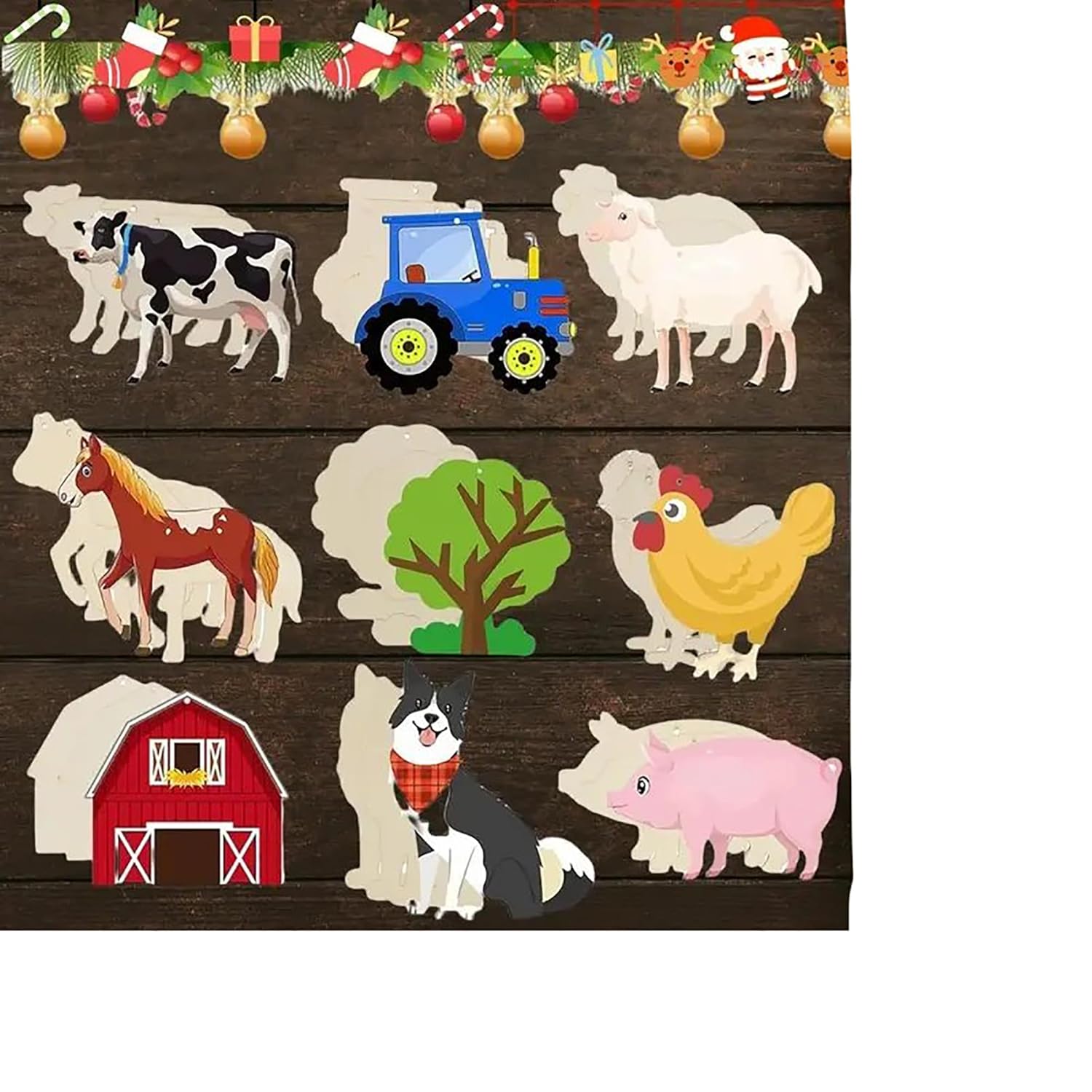 Set of farm animal and related items on a wooden background with Christmas decorations at the top.
