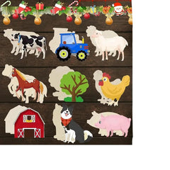 Set of farm animal and related items on a wooden background with Christmas decorations at the top.
