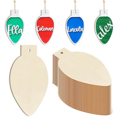 Colorful light bulb-shaped name tags with wooden boards for customization.