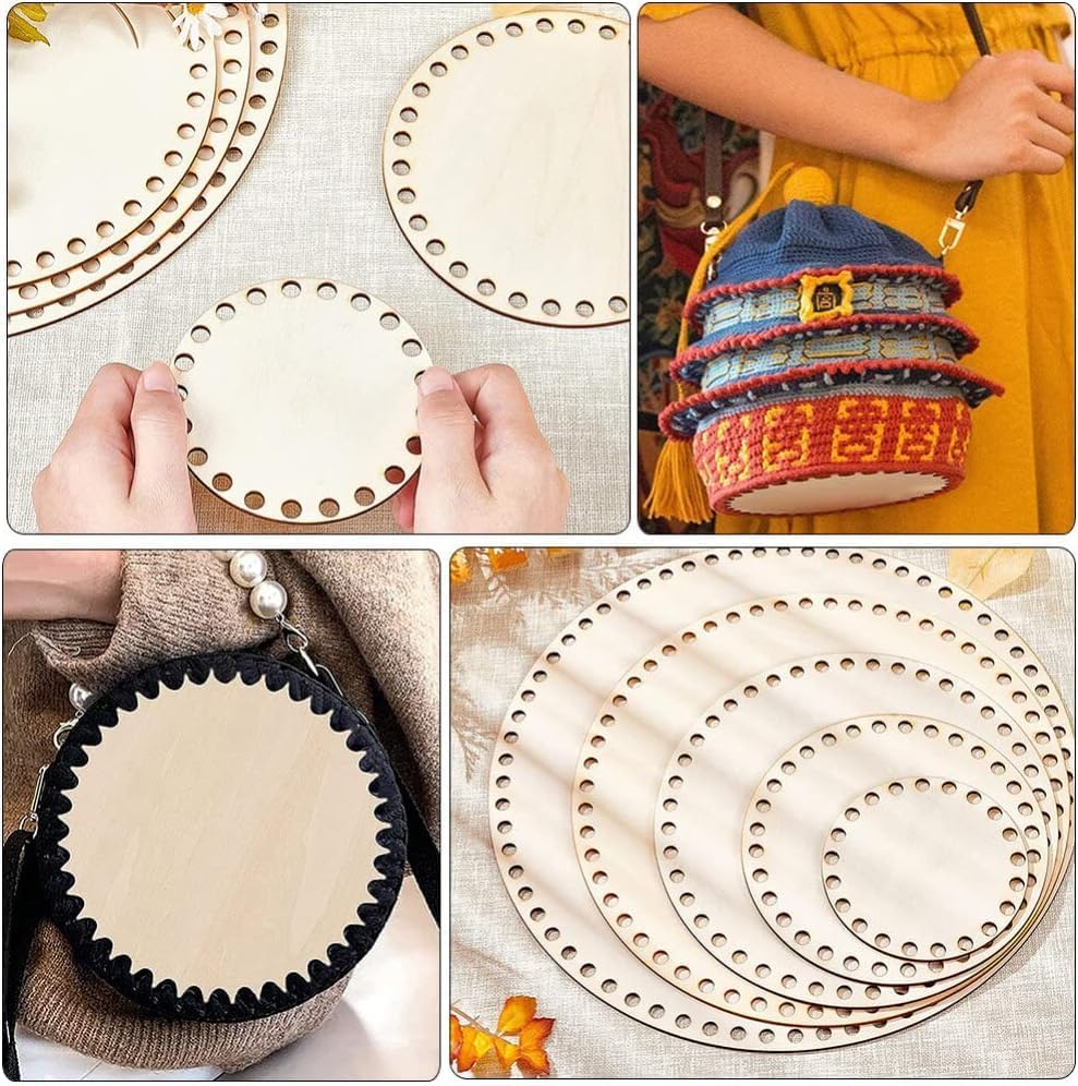 Collage of wooden circular templates with holes, a handbag, and a person wearing a yellow dress.