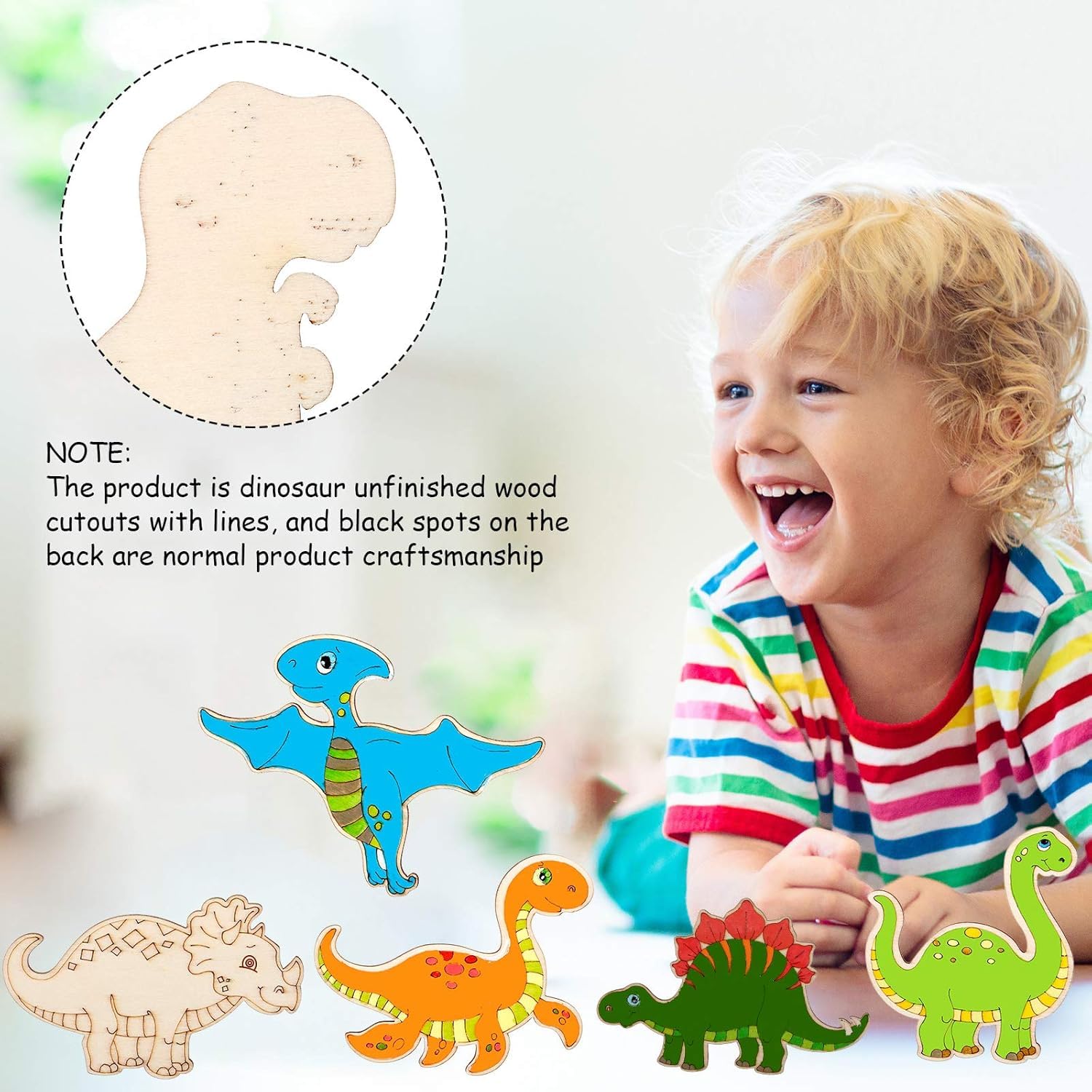 Child playing with dinosaur wooden cutouts on a light background