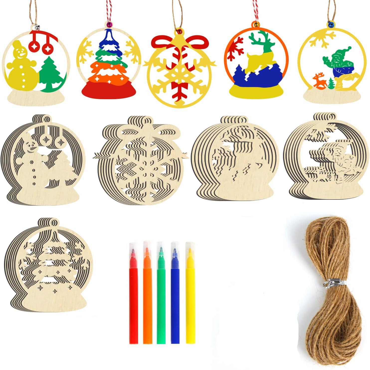 Set of wooden Christmas ornaments with decorative elements and string on a white background
