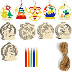 Set of wooden Christmas ornaments with decorative elements and string on a white background
