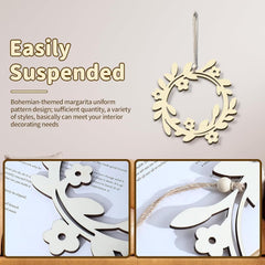 Decorative wreath with floral pattern hanging on a wall, with text about its design and uses.