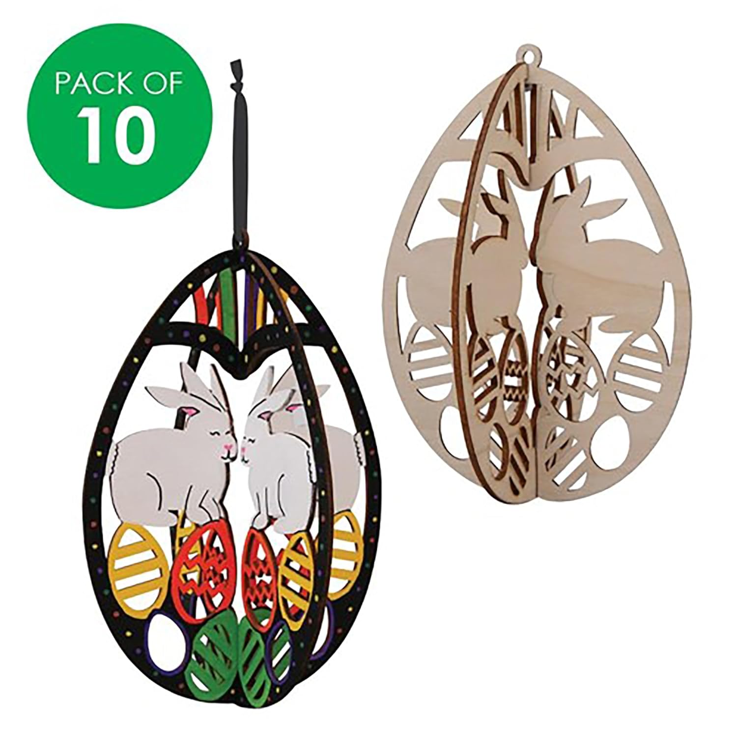 Two decorative Easter egg-shaped ornaments with rabbits and eggs on a white background.