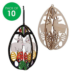 Two decorative Easter egg-shaped ornaments with rabbits and eggs on a white background.