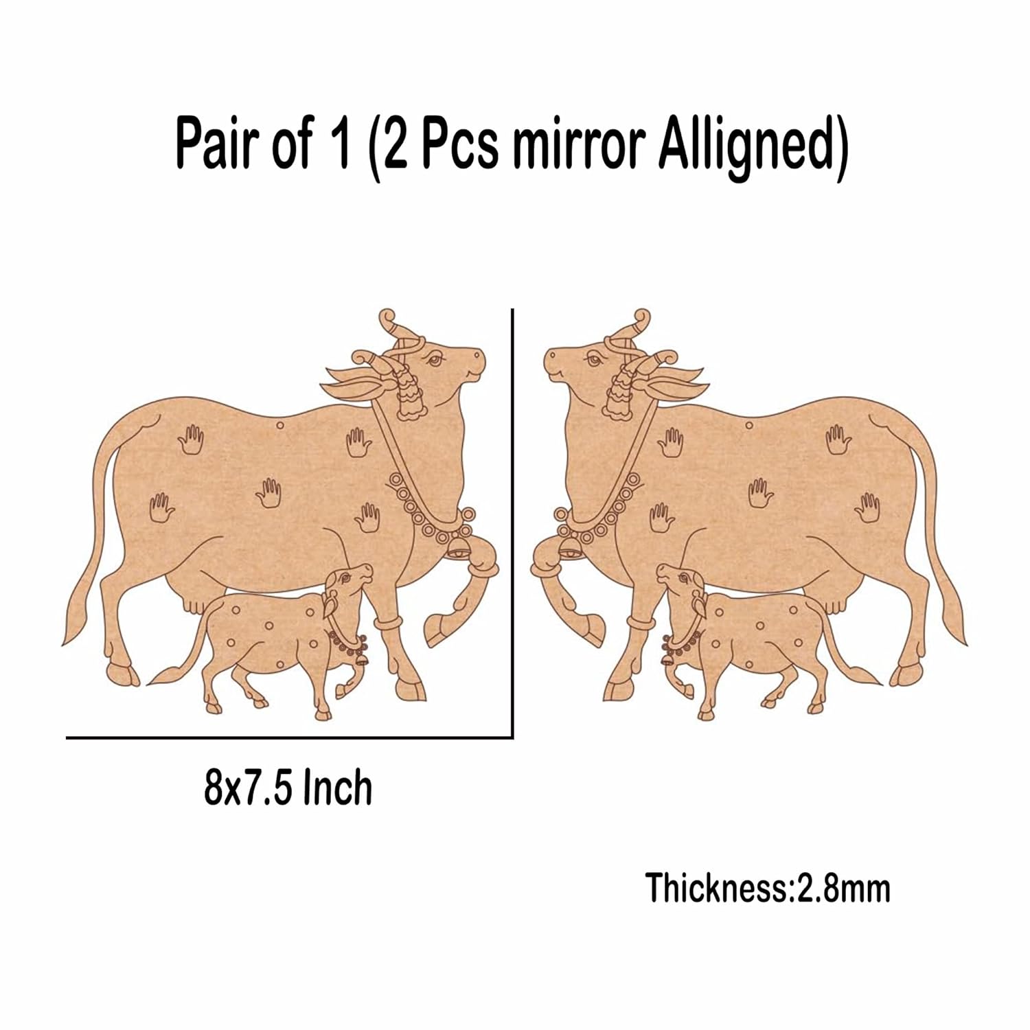 Illustration of two aligned mirrors with a cow and calf design, showing dimensions and thickness.