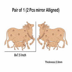 Illustration of two aligned mirrors with a cow and calf design, showing dimensions and thickness.