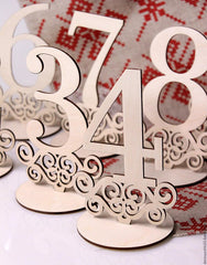 Wooden table numbers on a decorative background