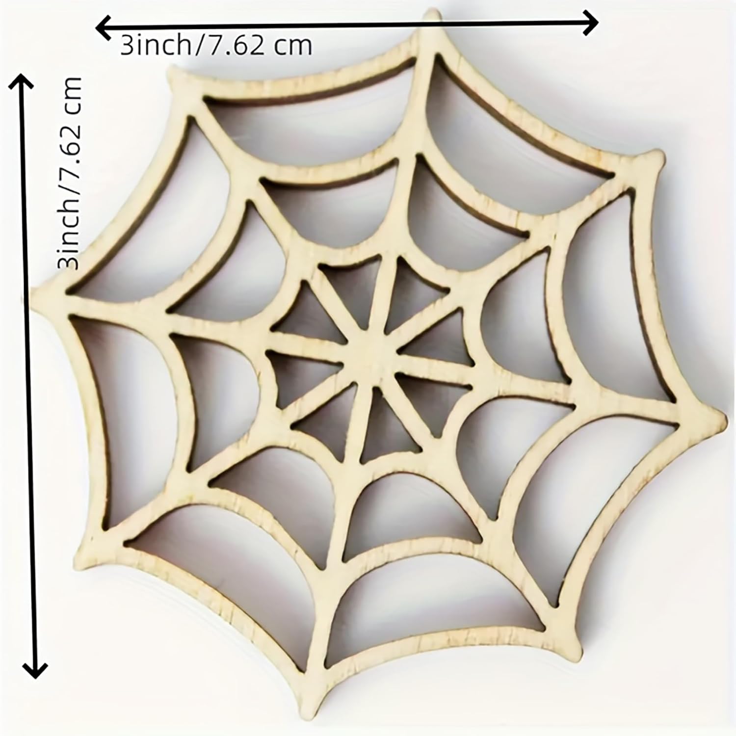 Wooden spider web cutout with measurements on a white background