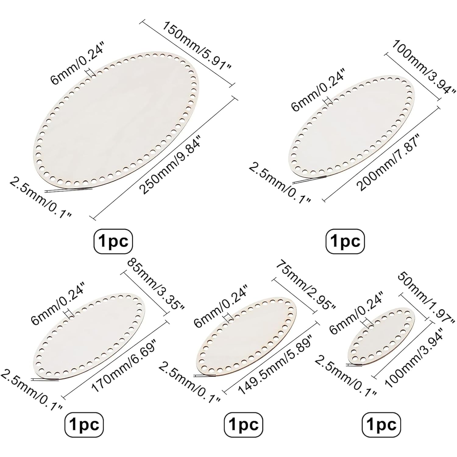 Set of oval metal tags with dimensions and quantities on a white background