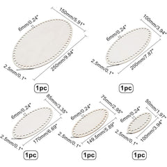 Set of oval metal tags with dimensions and quantities on a white background