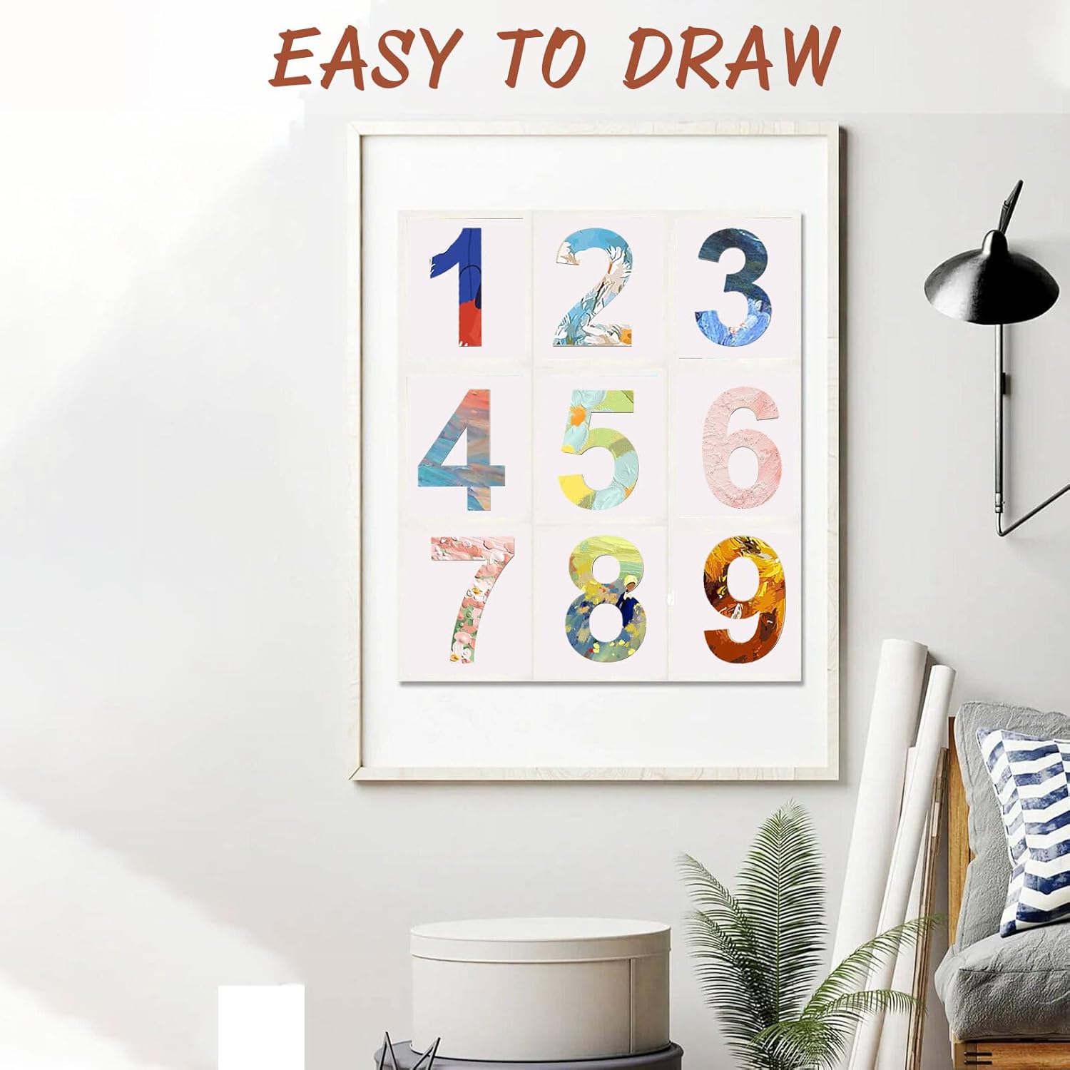 Framed artwork with colorful numbers on a wall in a room.