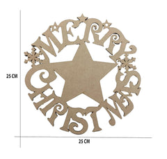 Decorative Christmas sign with star and 'Merry Christmas' text, shown with dimensions on a white background.