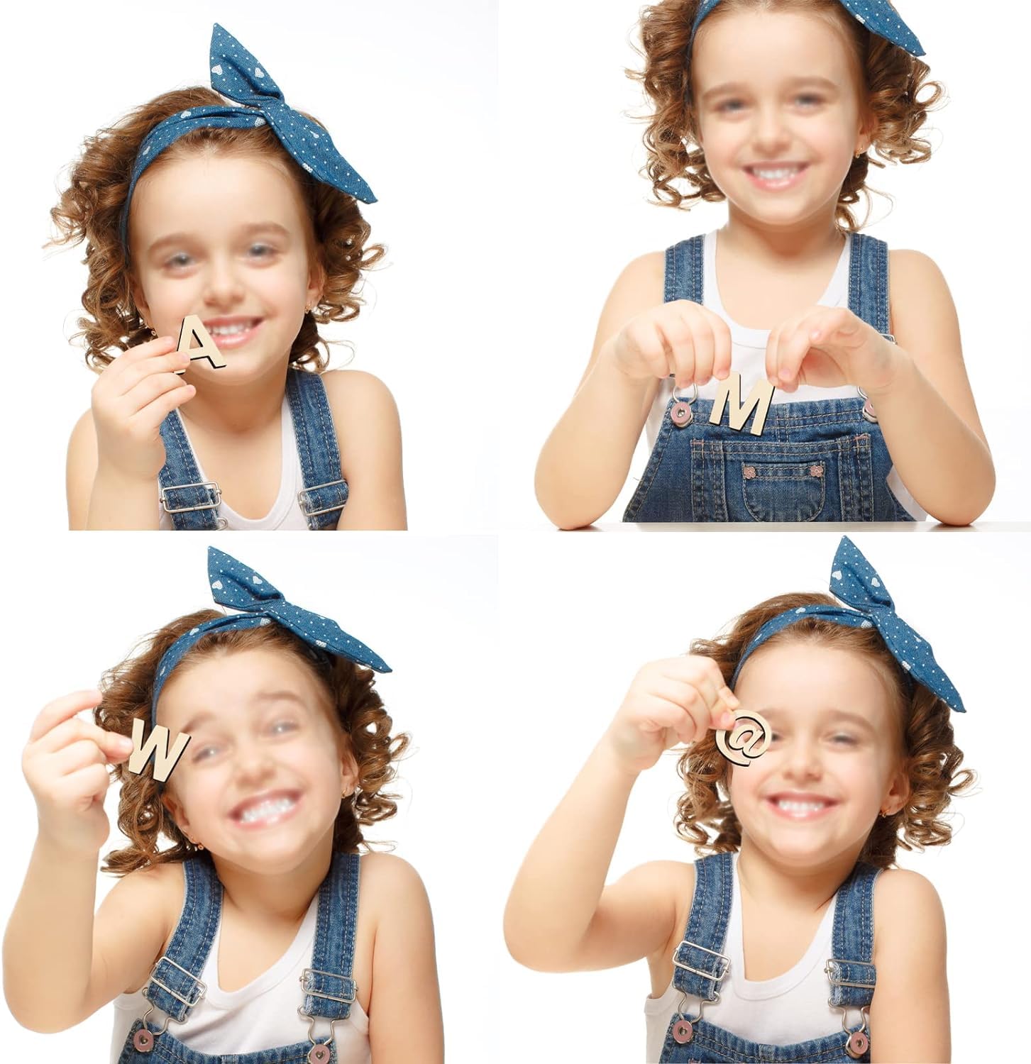 Collage of a young girl in denim overalls and bow headband holding up letters.