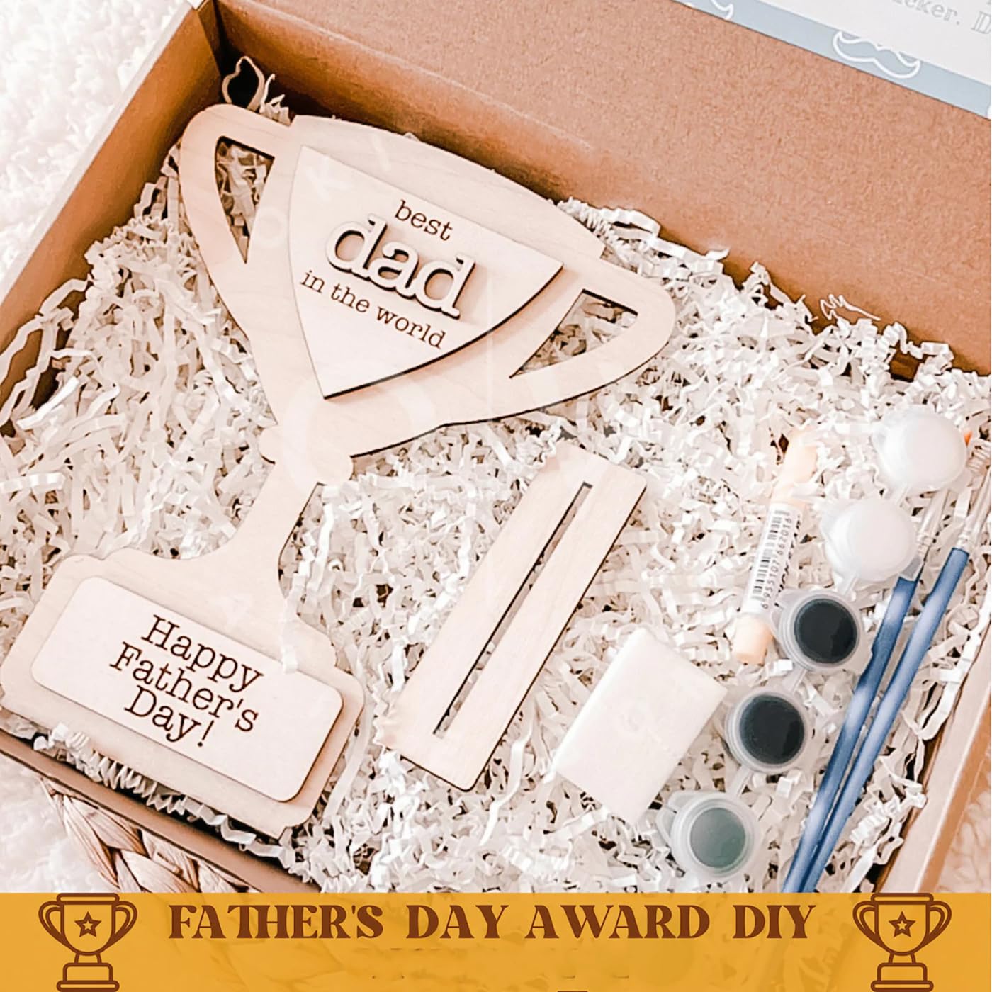 Wooden 'best dad in the world' award with paint supplies in a box, labeled 'Father's Day Award DIY'.