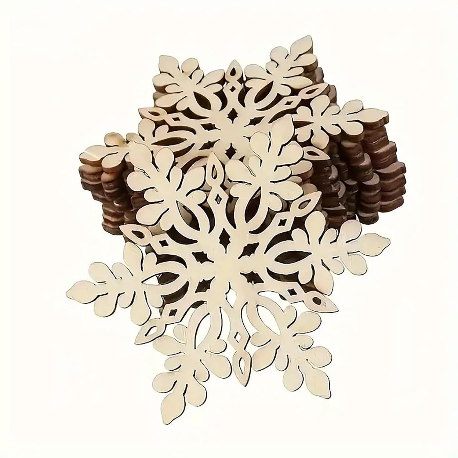 Wooden snowflake cutout with a brown border on a white background
