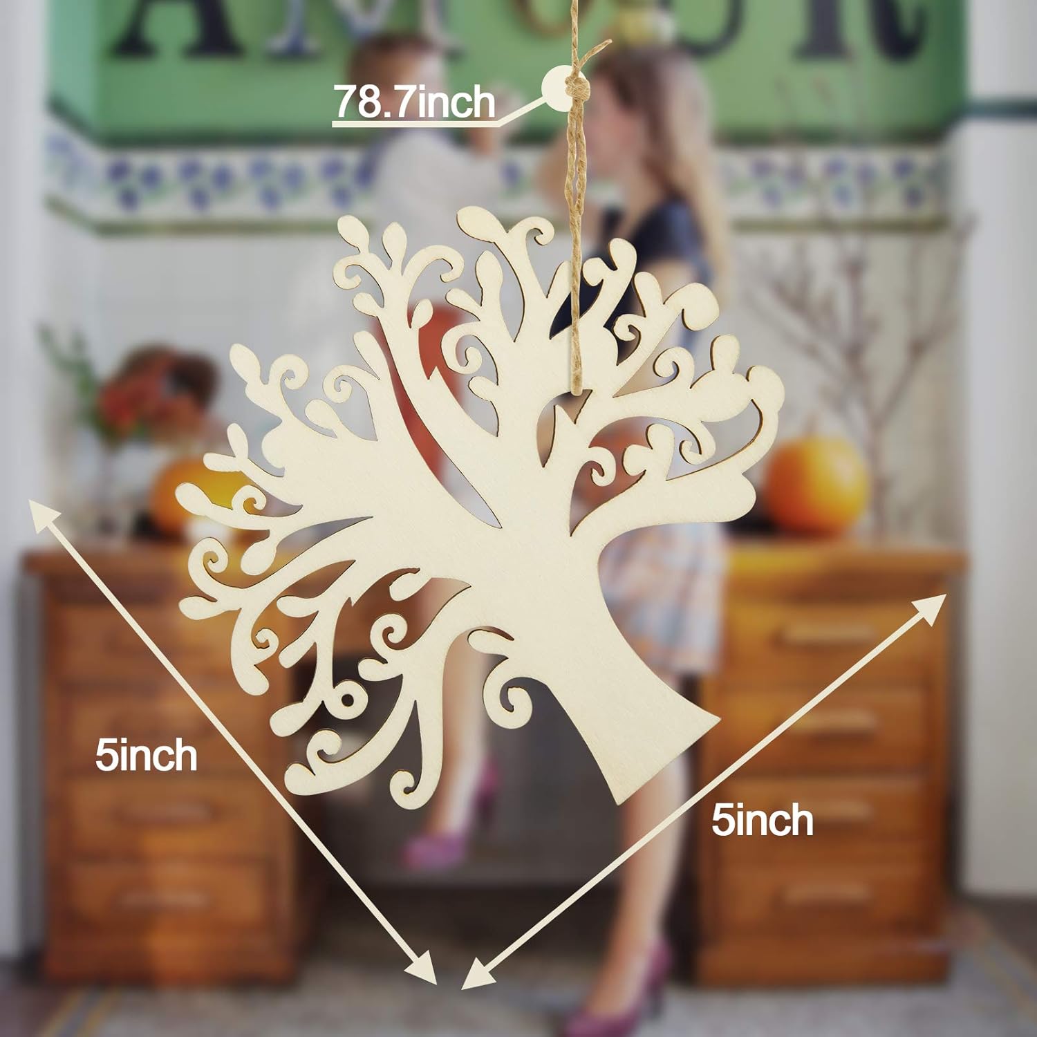 Decorative tree ornament with measurements in a home setting