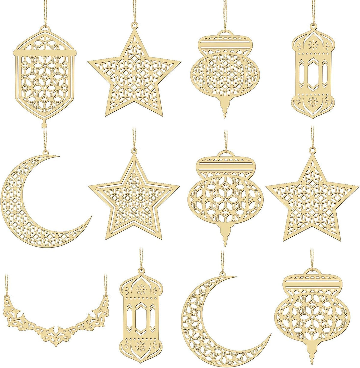 Set of gold decorative hanging ornaments including stars, moons, and lanterns on a white background.