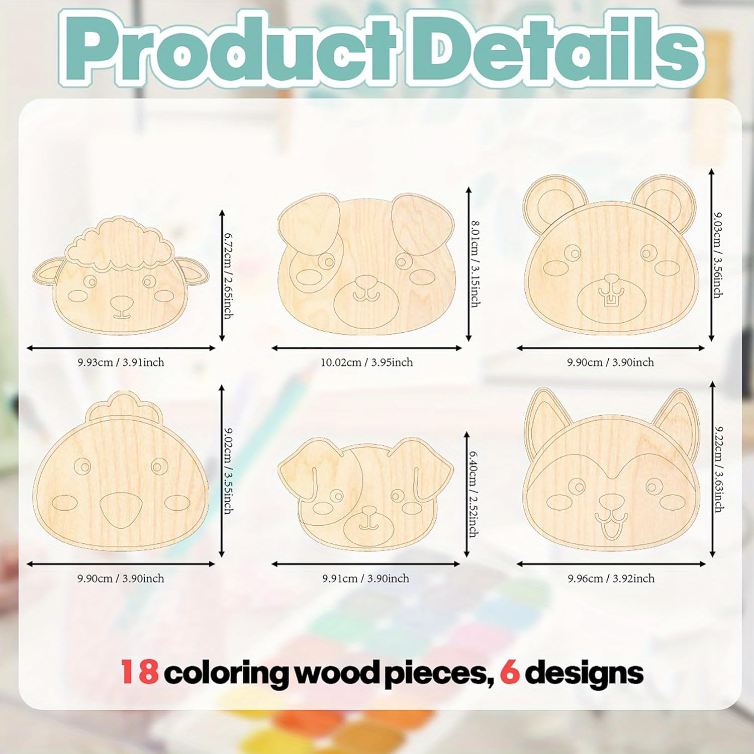 Wooden coloring pieces with dimensions and design details on a colorful background