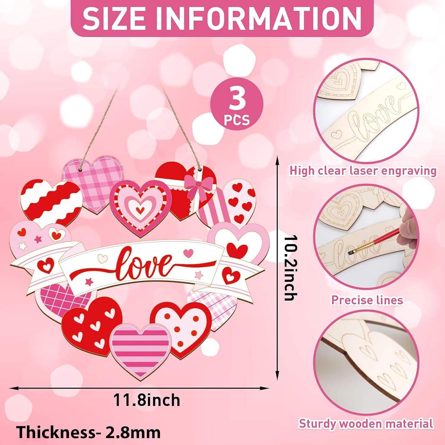 Heart-shaped wooden decorations with 'love' banner on a pink background, showing size information and material details.