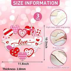 Heart-shaped wooden decorations with 'love' banner on a pink background, showing size information and material details.