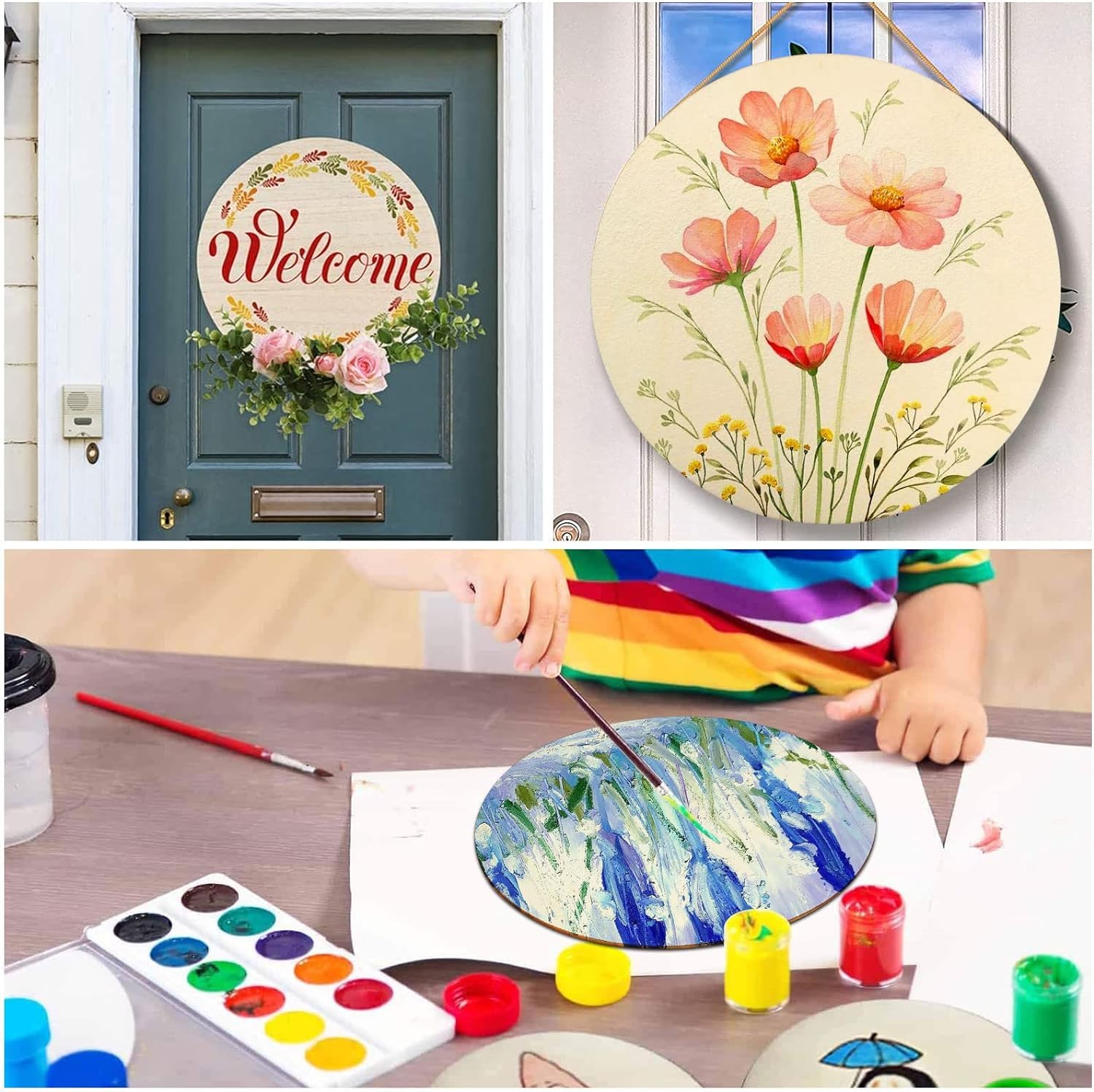 Collage of decorative items including a 'Welcome' sign, floral painting, and a child painting.