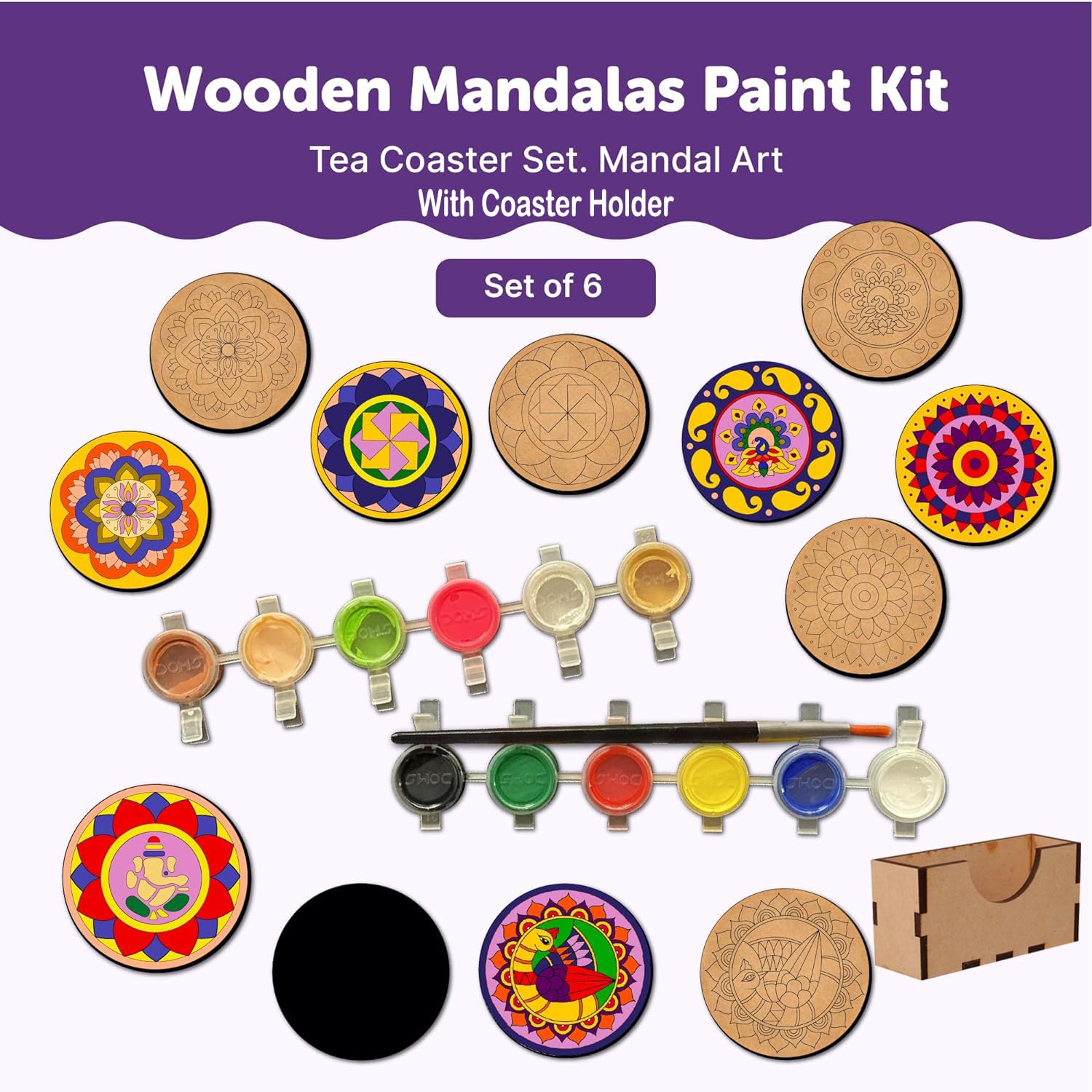 Wooden Mandalas Paint Kit with paint colors and tools on a white background