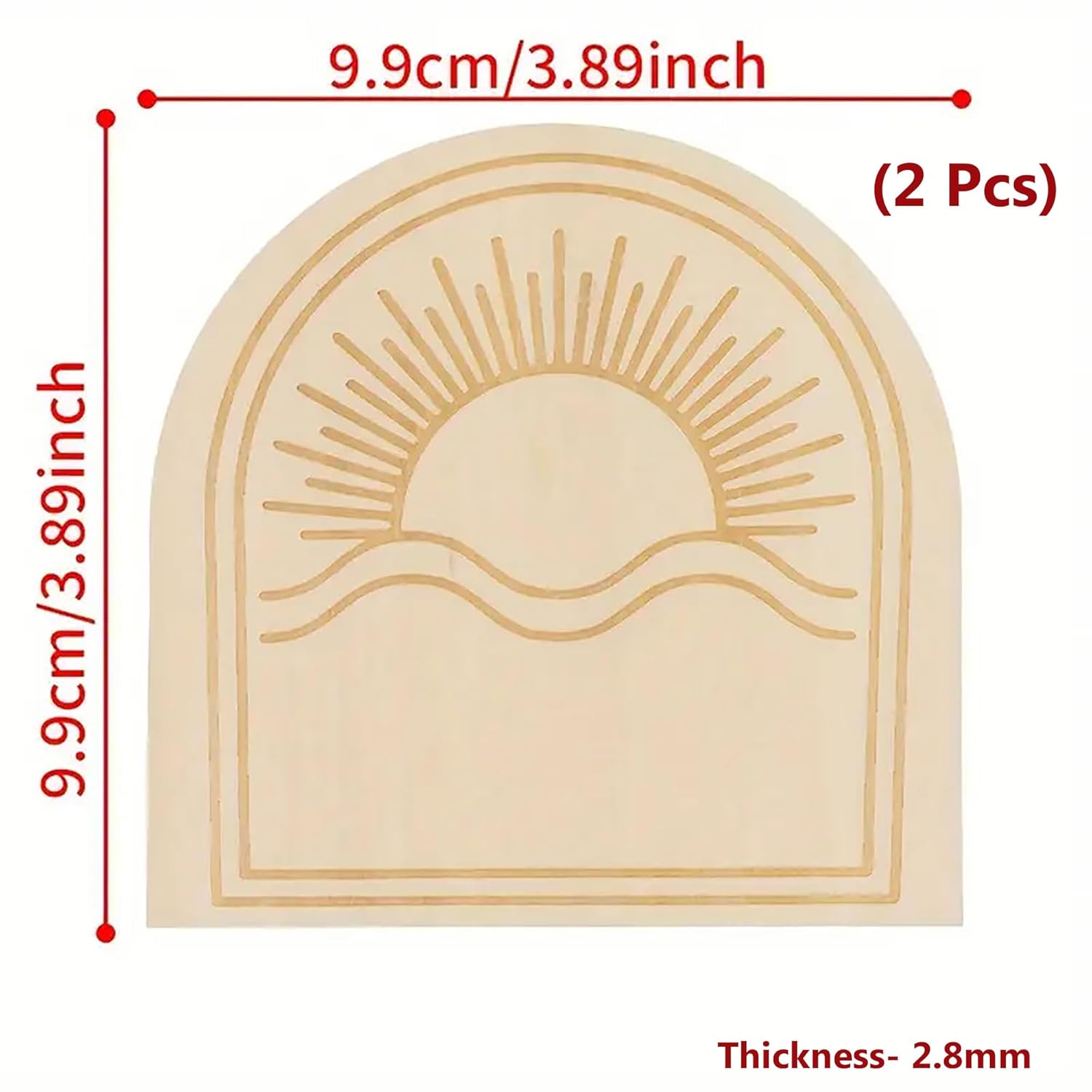 Decorative cutout with sun and wave design, measurements, and quantity on a white background