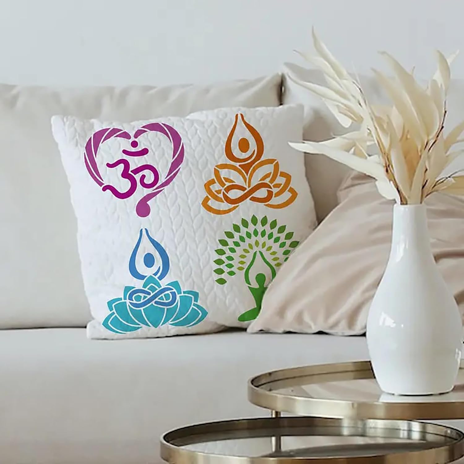 Decorative pillows with symbols on a couch in a living room setting