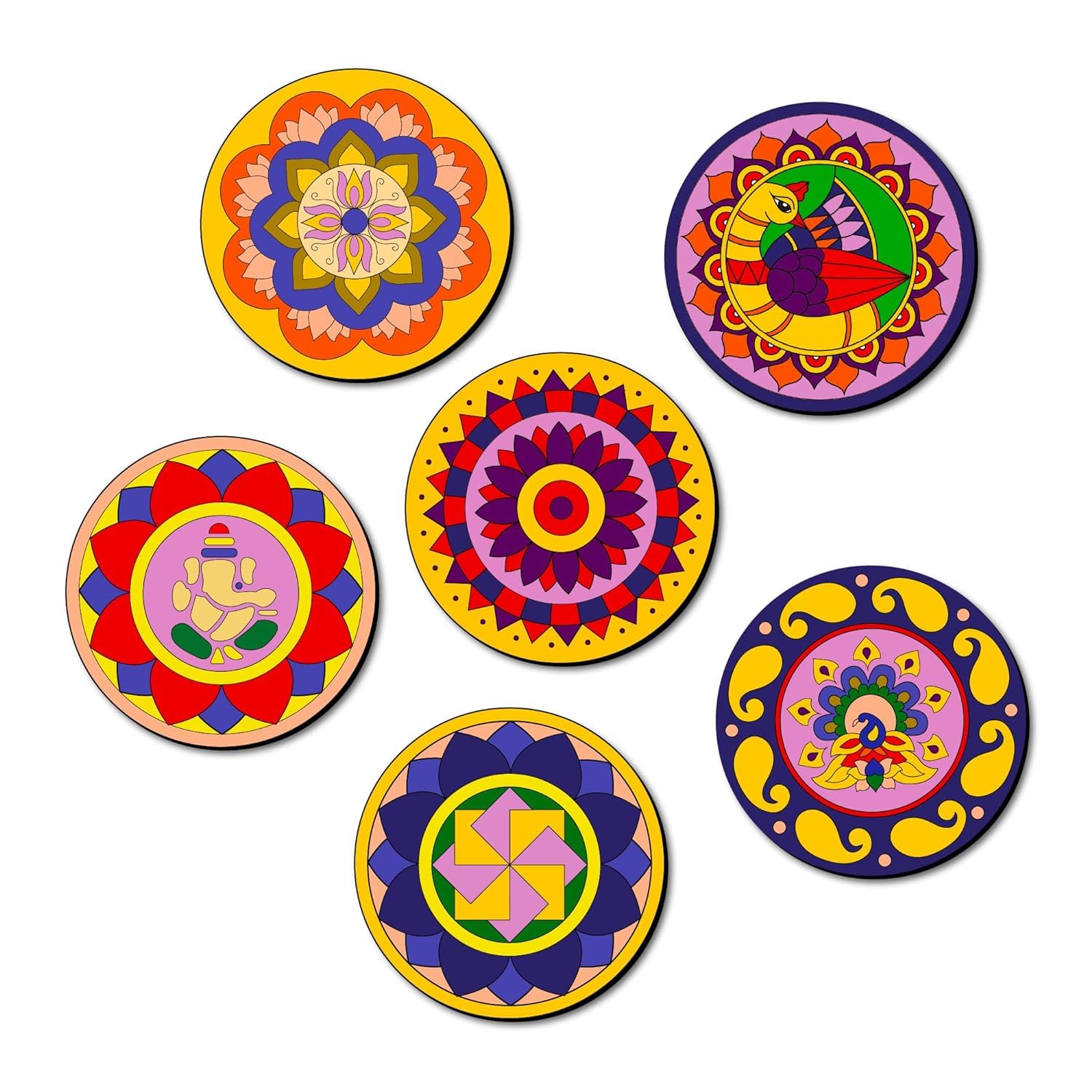 Set of six colorful circular designs on a white background