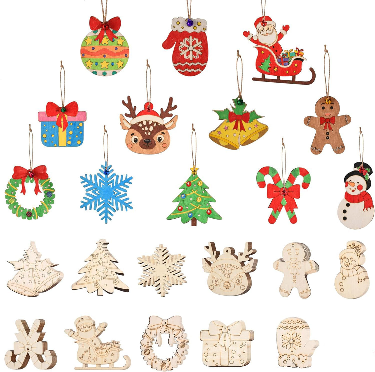 Collection of colorful Christmas-themed wooden ornaments on a white background