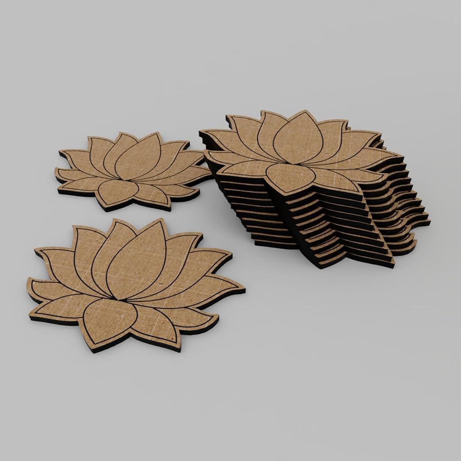 Stack of laser-cut flower-shaped wooden pieces on a gray background