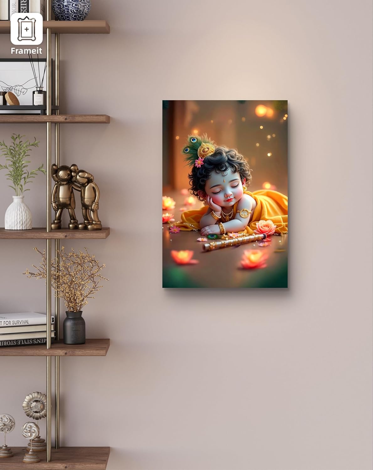 Canvas print of a child with a parrot on a wall next to a decorative shelf.