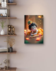 Canvas print of a child with a parrot on a wall next to a decorative shelf.