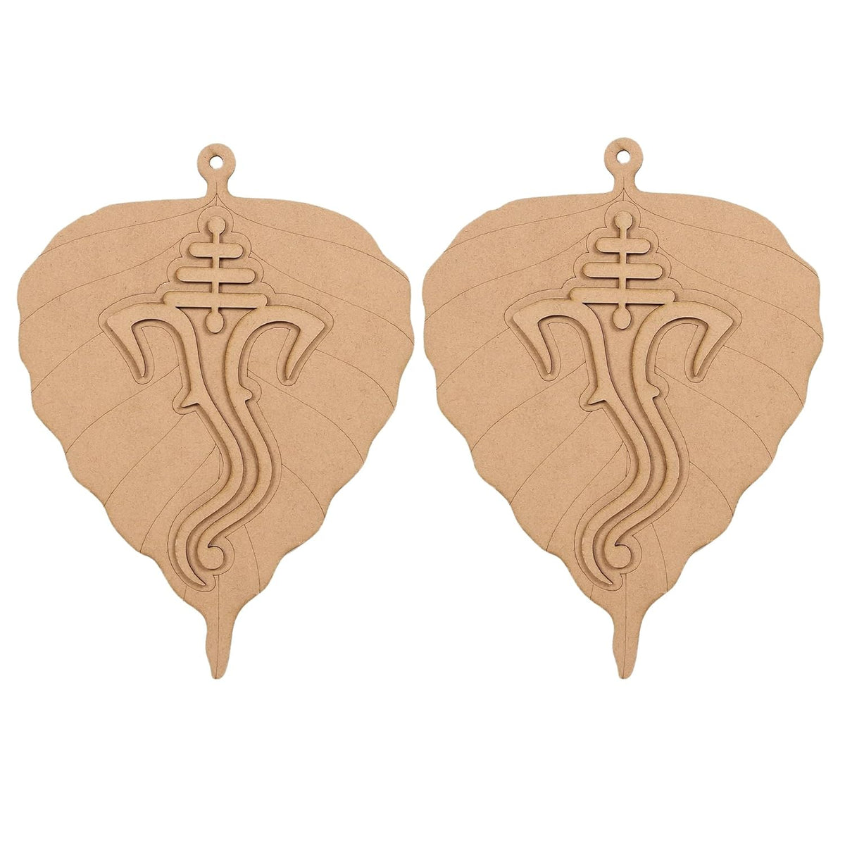 Pair of leaf-shaped earrings with a symbol on a white background