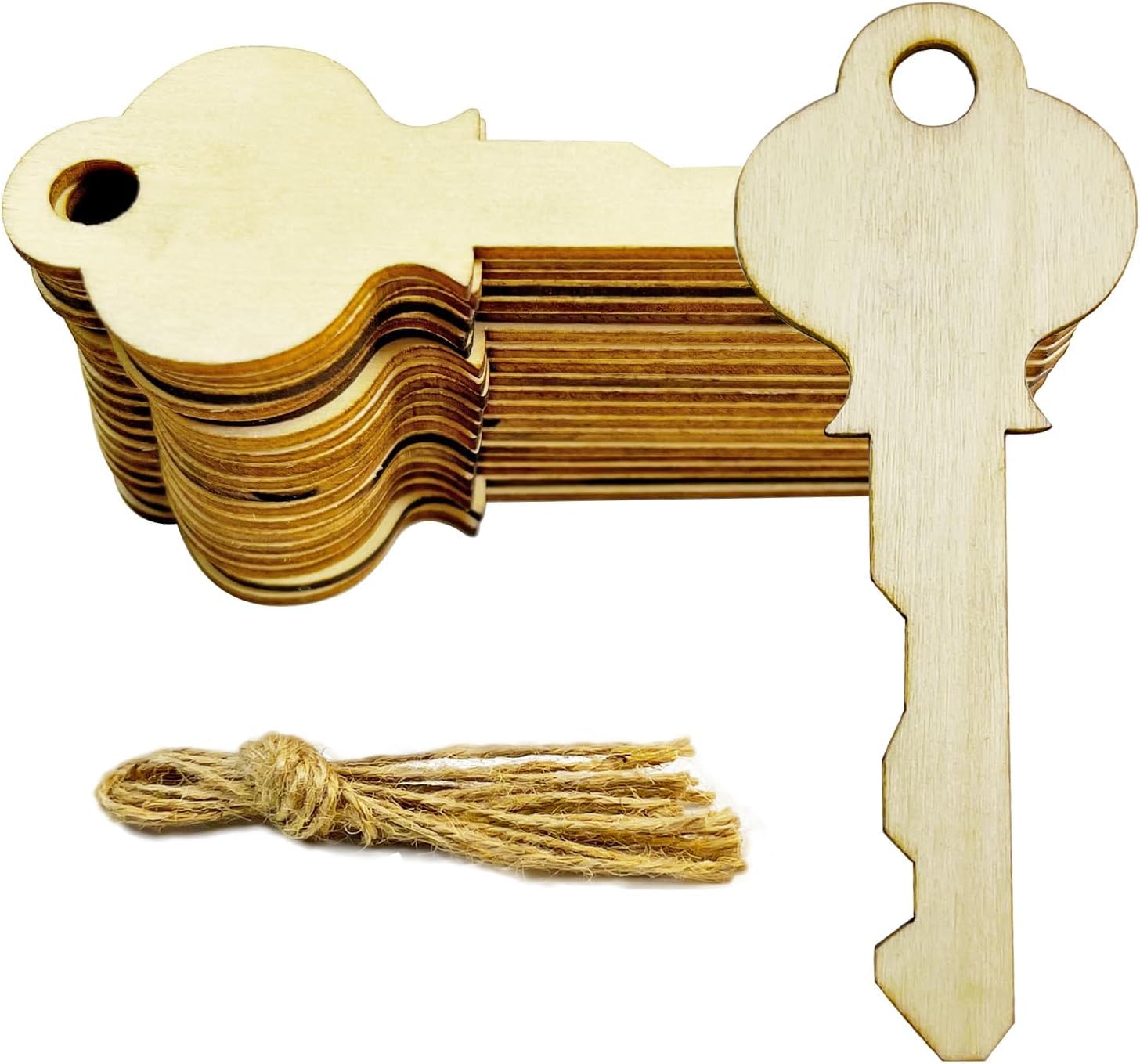 Stack of wooden key-shaped tags with a tassel on a white background