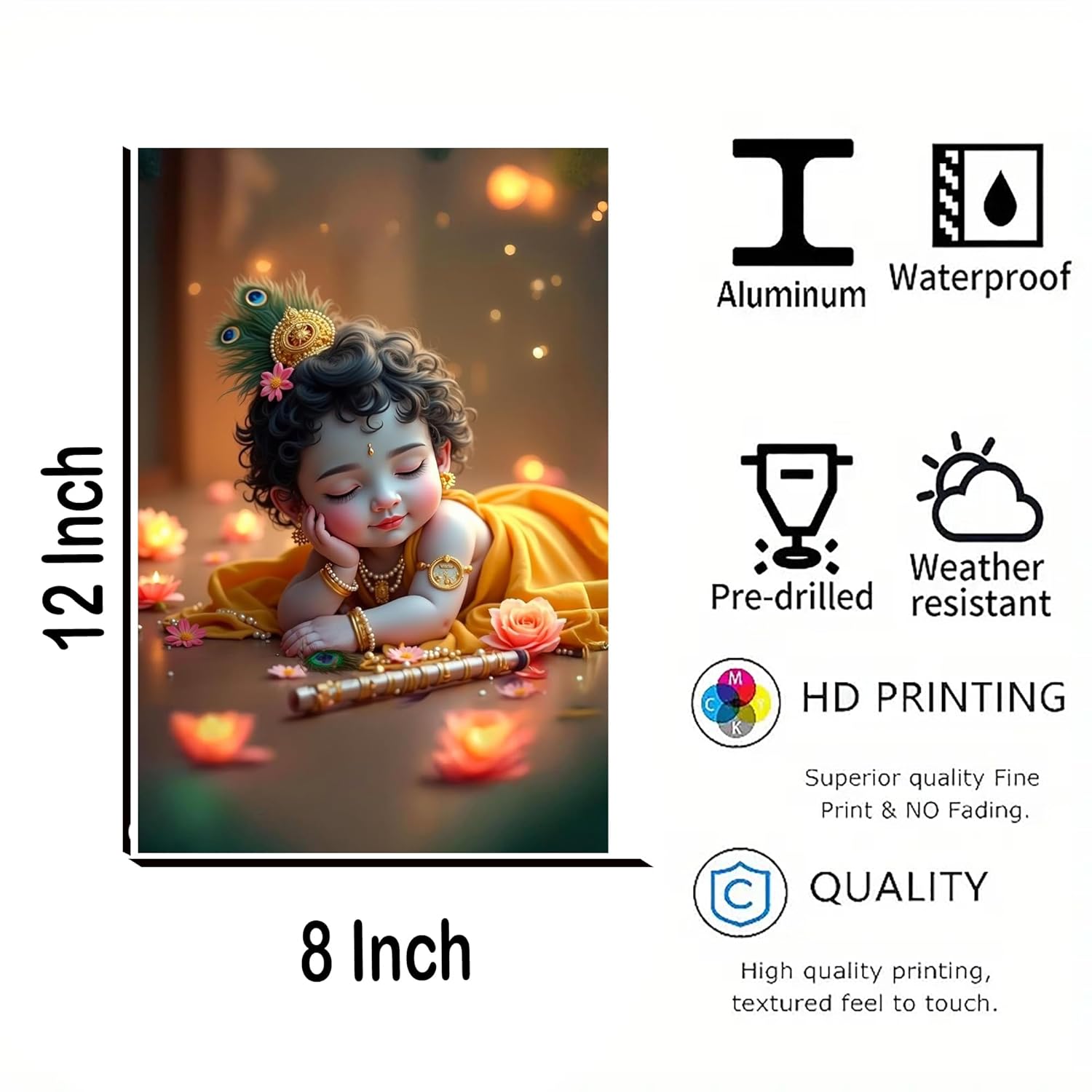 Canvas print of a child with a peacock feather headpiece, featuring product details on a white background.