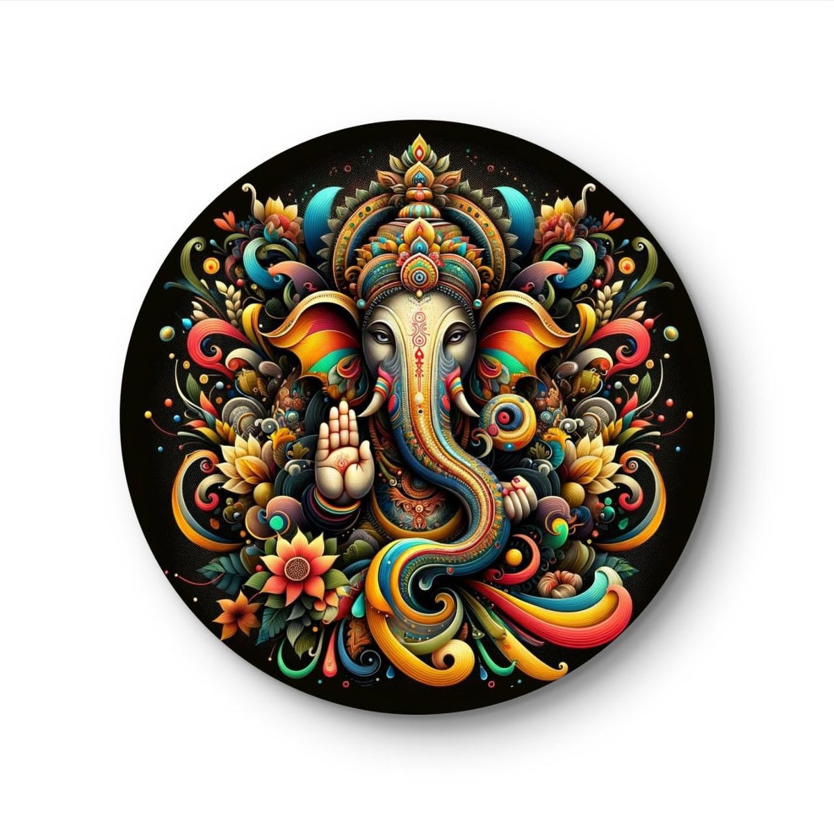 Decorative wall clock with colorful elephant design on a black background