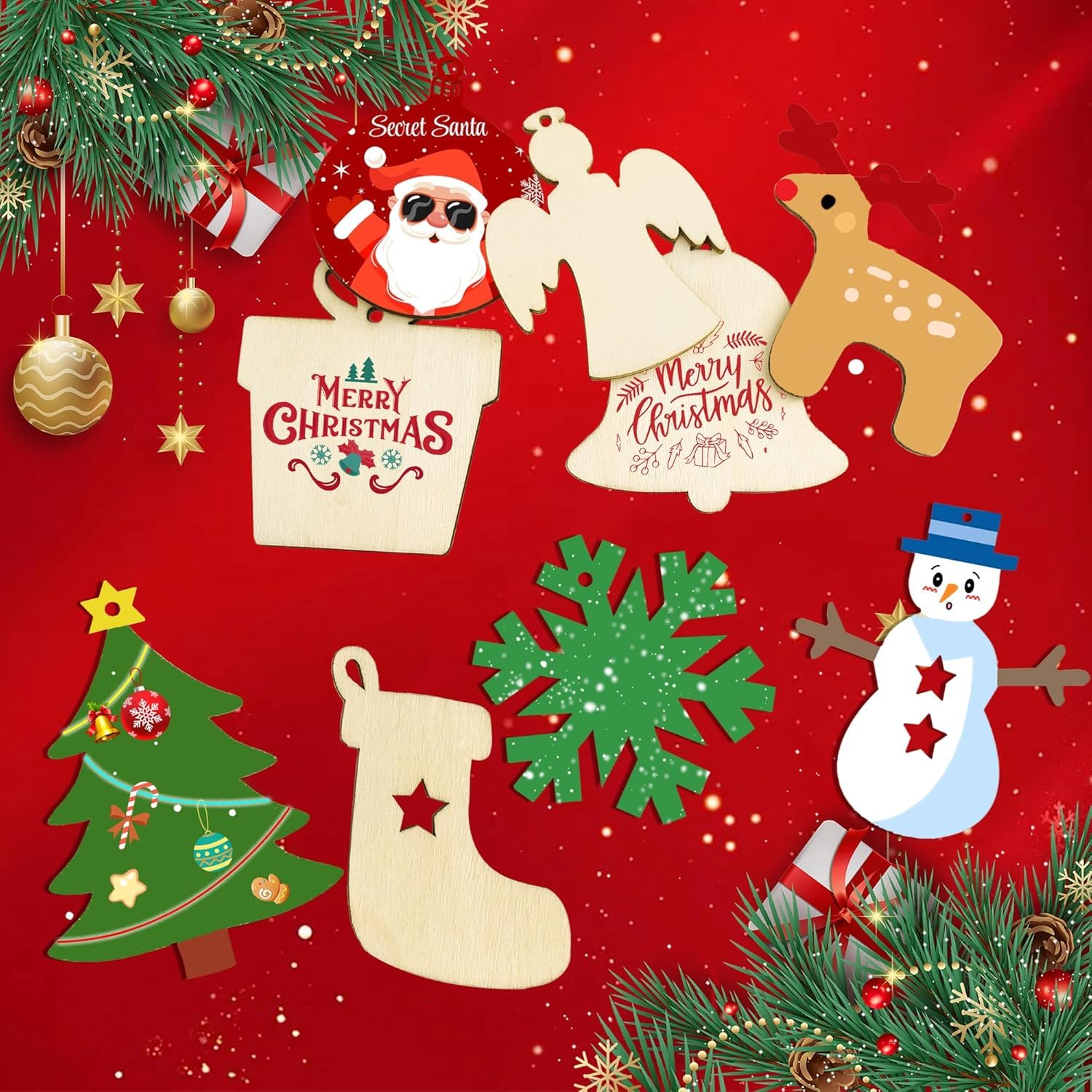 Collection of Christmas-themed wooden decorations on a red background