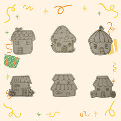 Illustrations of stylized houses with decorative elements on a beige background