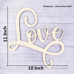 Wooden 'LOVE' sign with measurements on a light wooden background