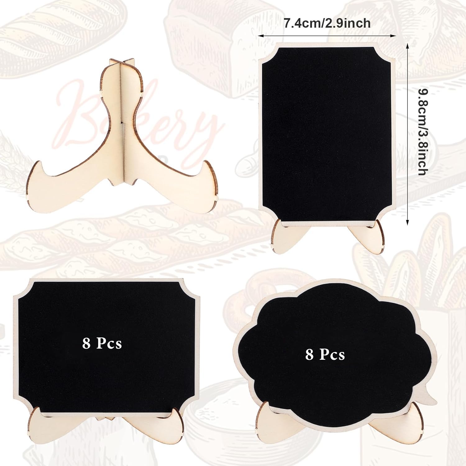 Set of black mini chalkboards with stands on a decorative background