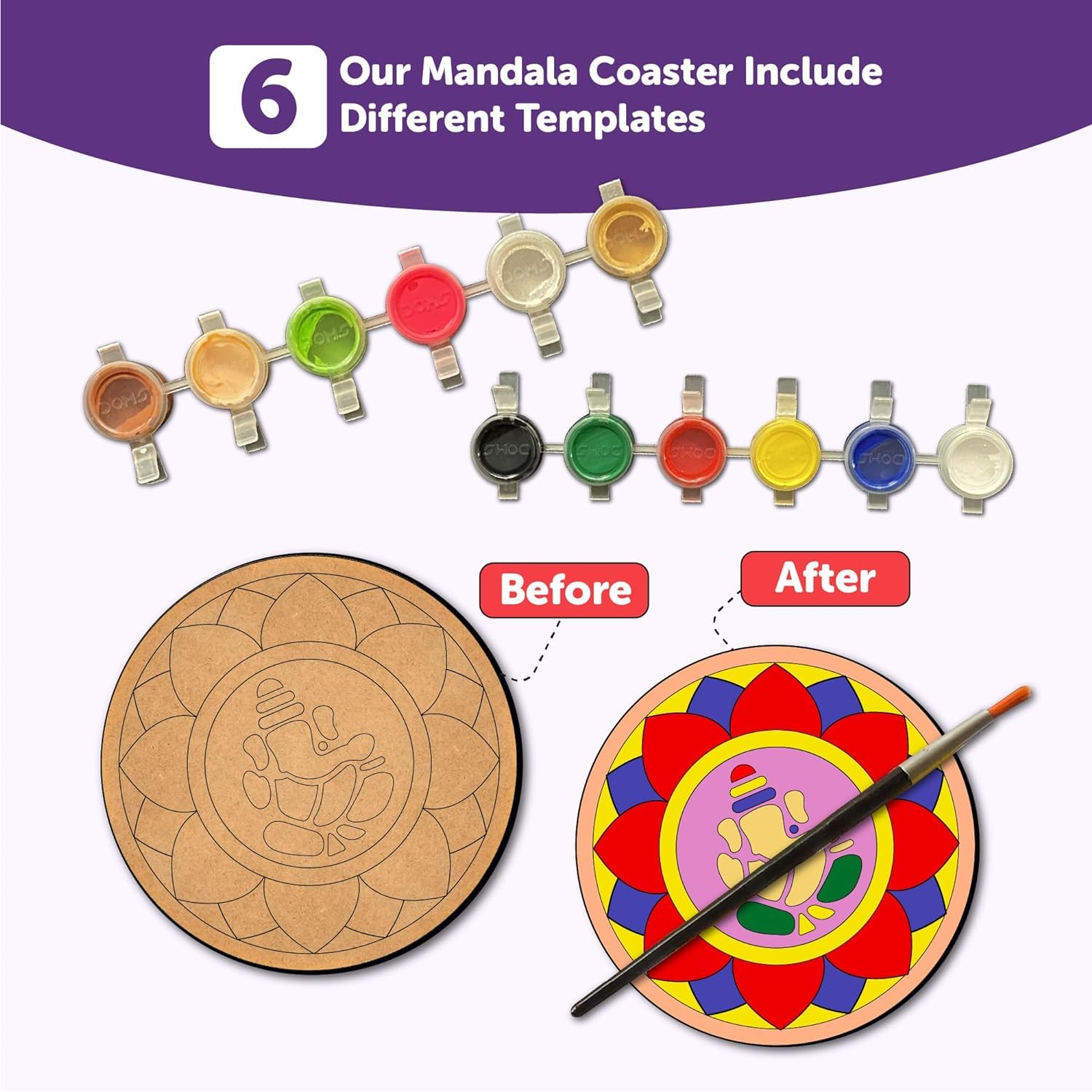 Mandala coaster set with paint colors and before/after comparison on a white background