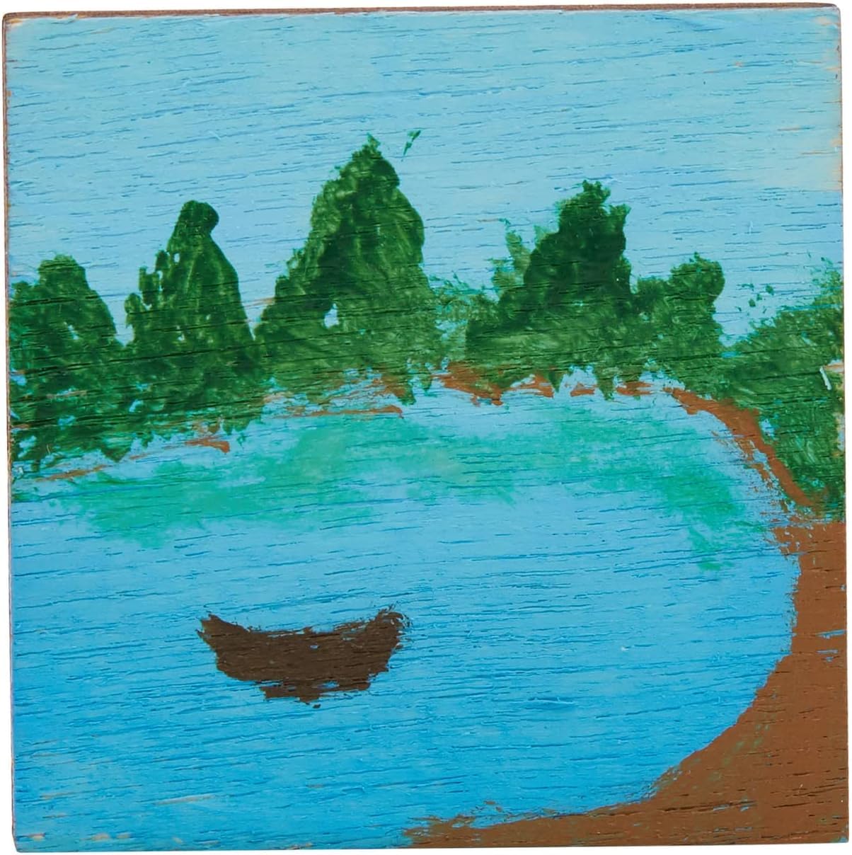 Wooden panel with a painted landscape of trees and water