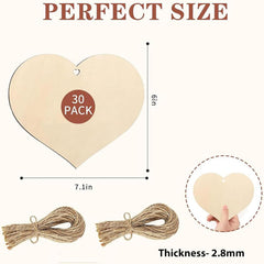 Heart-shaped wooden tags with jute twine, shown with measurements and a 30-pack label.