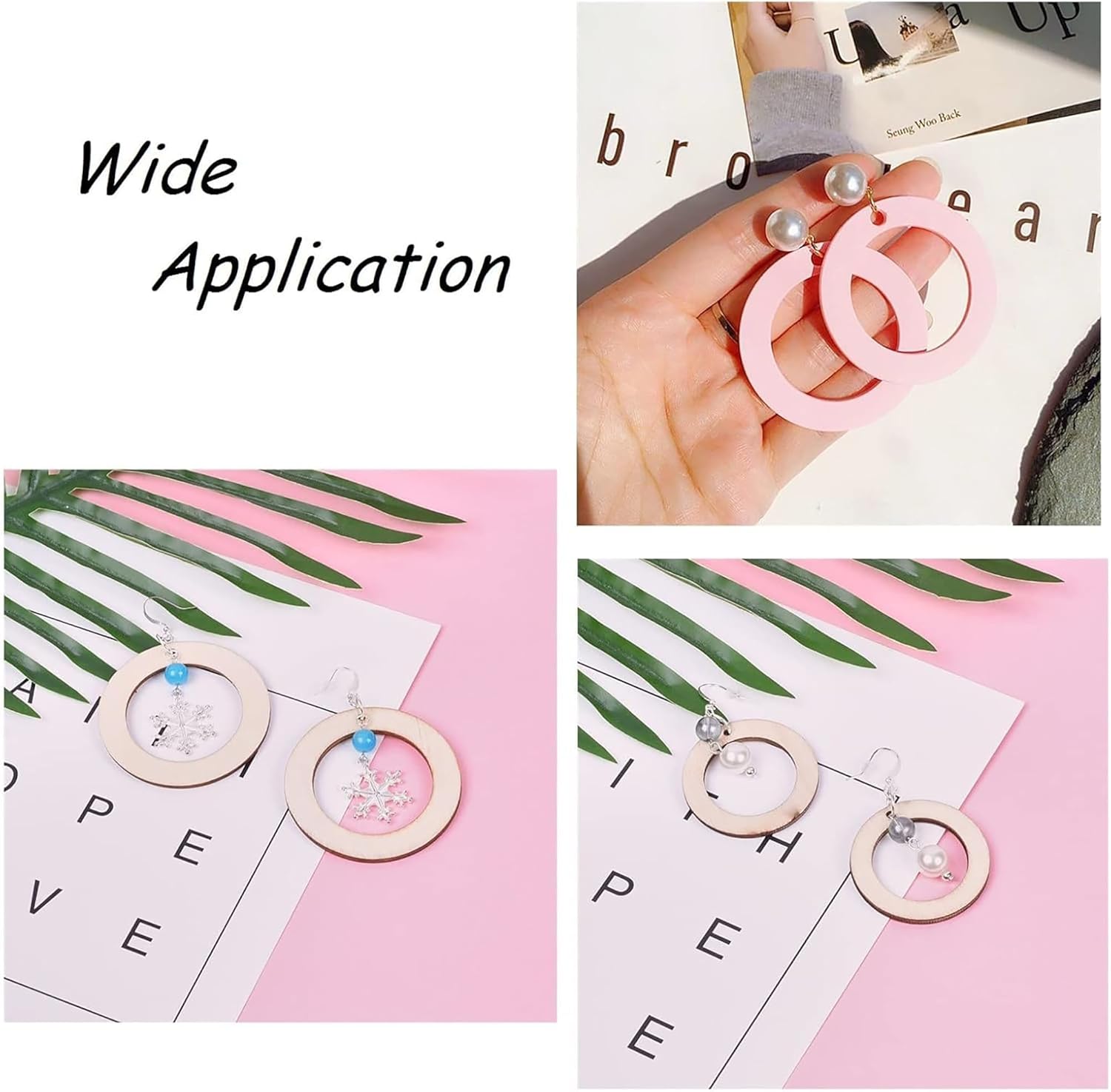 Collage of earrings with text 'Wide Application' on a pink and white background.