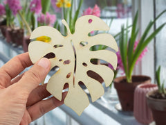 Hand holding a decorative leaf-shaped item with plants in the background